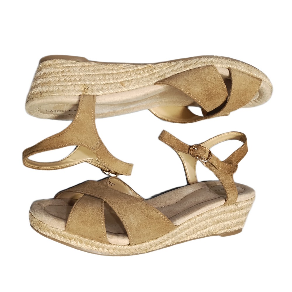 Lands' End Espadrille Wedge Sandals Womens US Size 9B Brown Ankle Buckle Strap